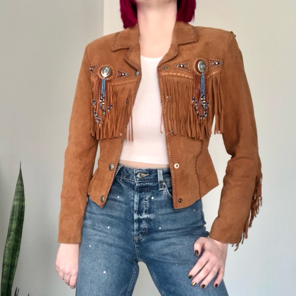 Vintage Y2K Overland Genuine Suede Tobacco Fringe Jacket w/ Silver Conchos